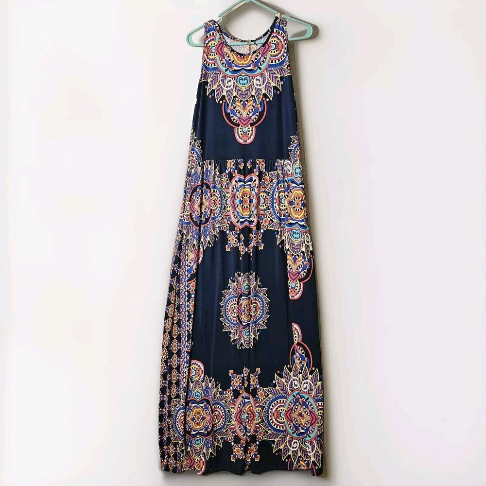 Paulino Batik Maxi Dress Blue Red Size XL Boho Chic Vacation Cruisewear Worldly